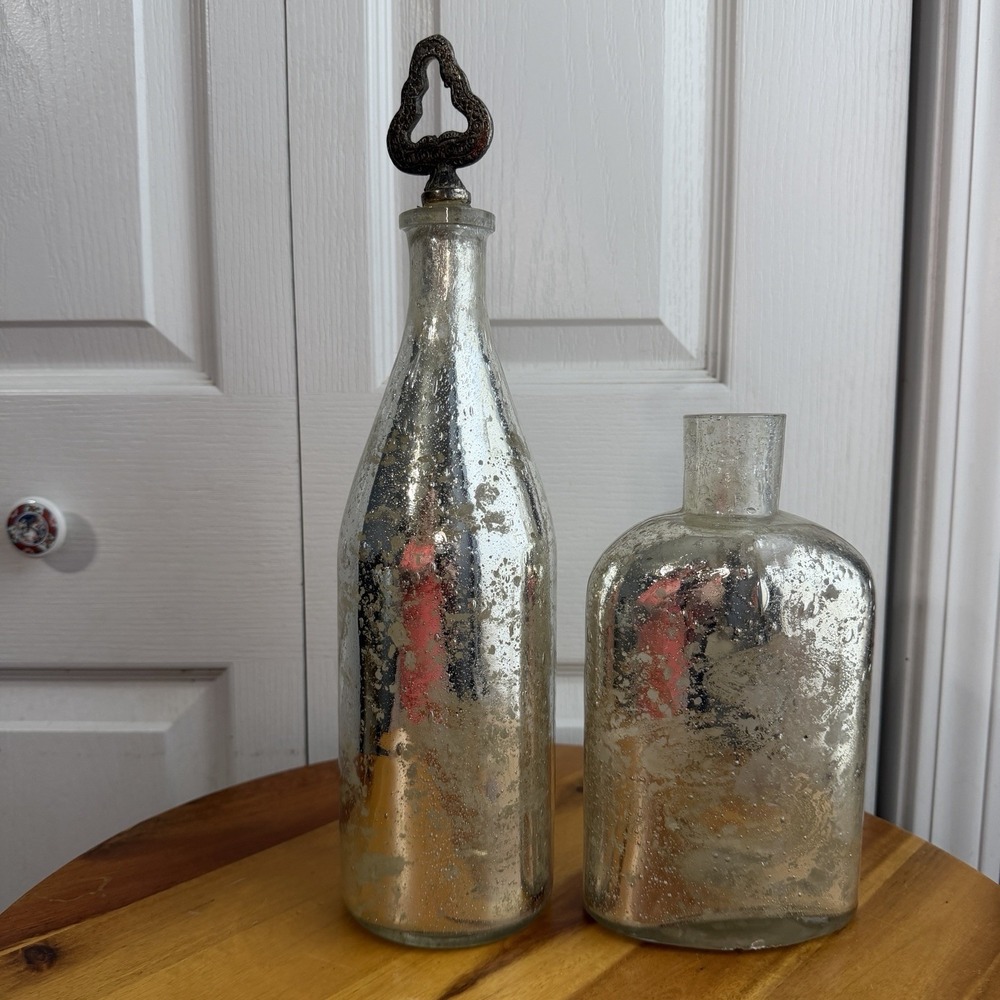 Pottery Barn Lot Of 2 Silver Mercury Glass Vase Bottles‎ Decor Boho Office